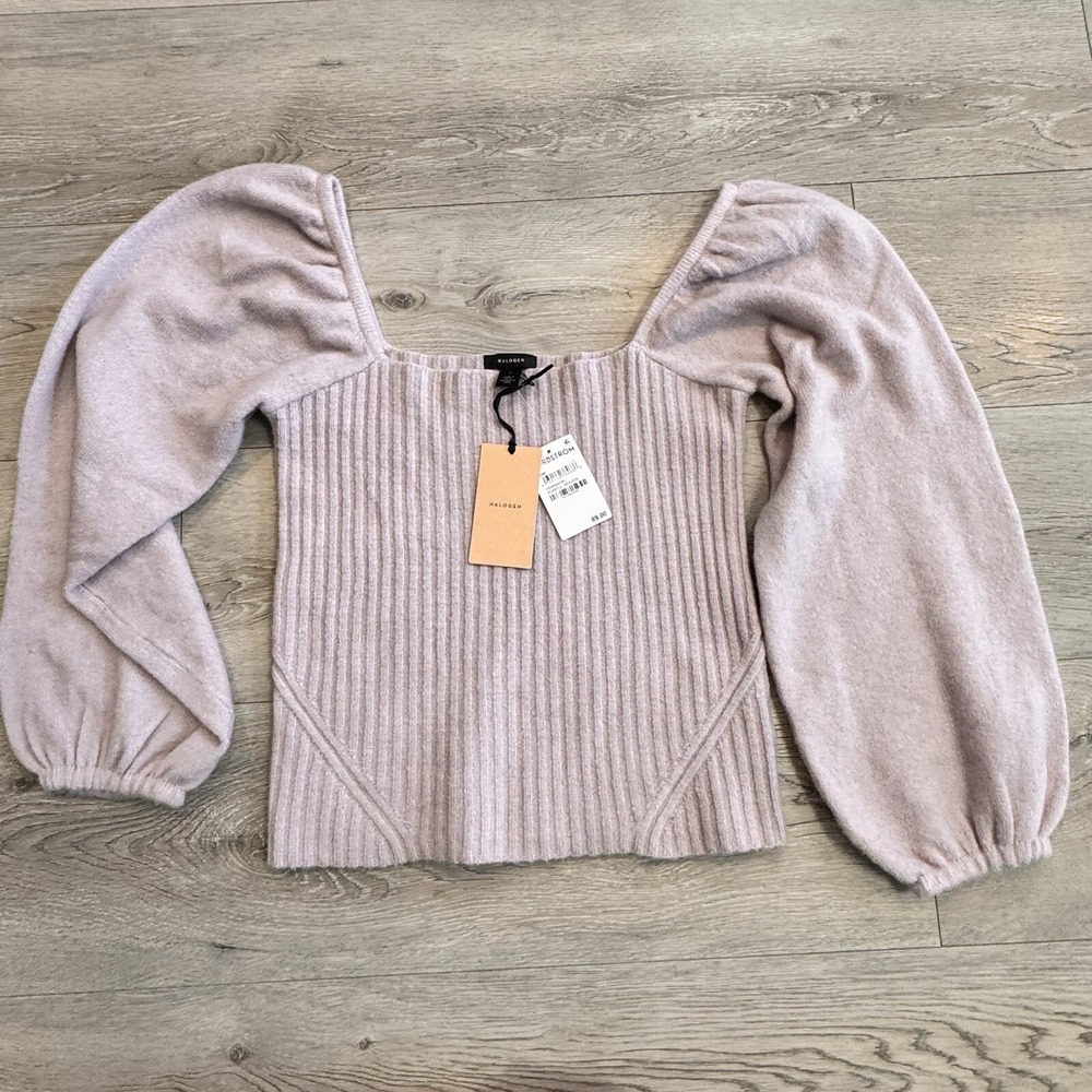 NWT Halogen Puff‎ Sleeve Square Neck Sweater in Purple Heaven Small Off Shoulder